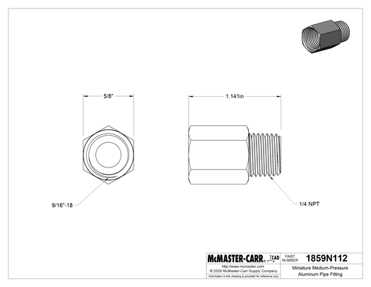 Technical drawing of Miniature Medium-Pressure Aluminum Pipe Fitting, Adapter, 9/16"-18 UN/UNF Female x 1/4 NPT Male.